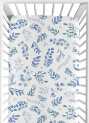 Sweet Jojo Designs floral leaf crib sheet in blue-gray offers soft, breathable comfort.