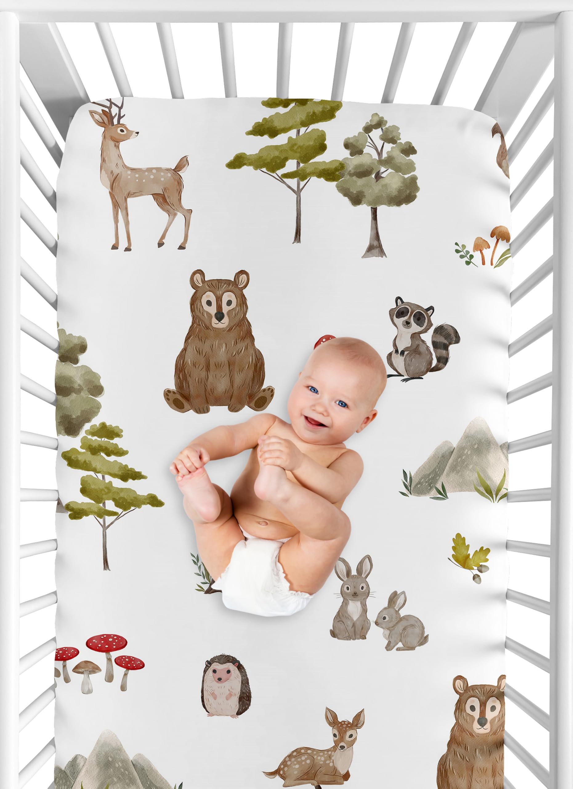 Sweet Jojo Designs forest animals design in watercolor tones suits toddler beds as a transitional sheet.