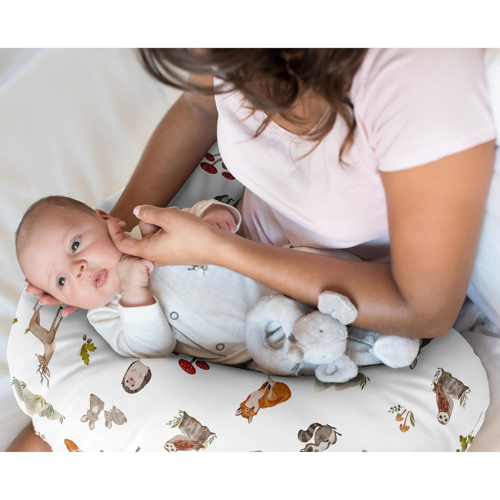 Sweet Jojo Designs forest animals print close-up; cozy feeding moments