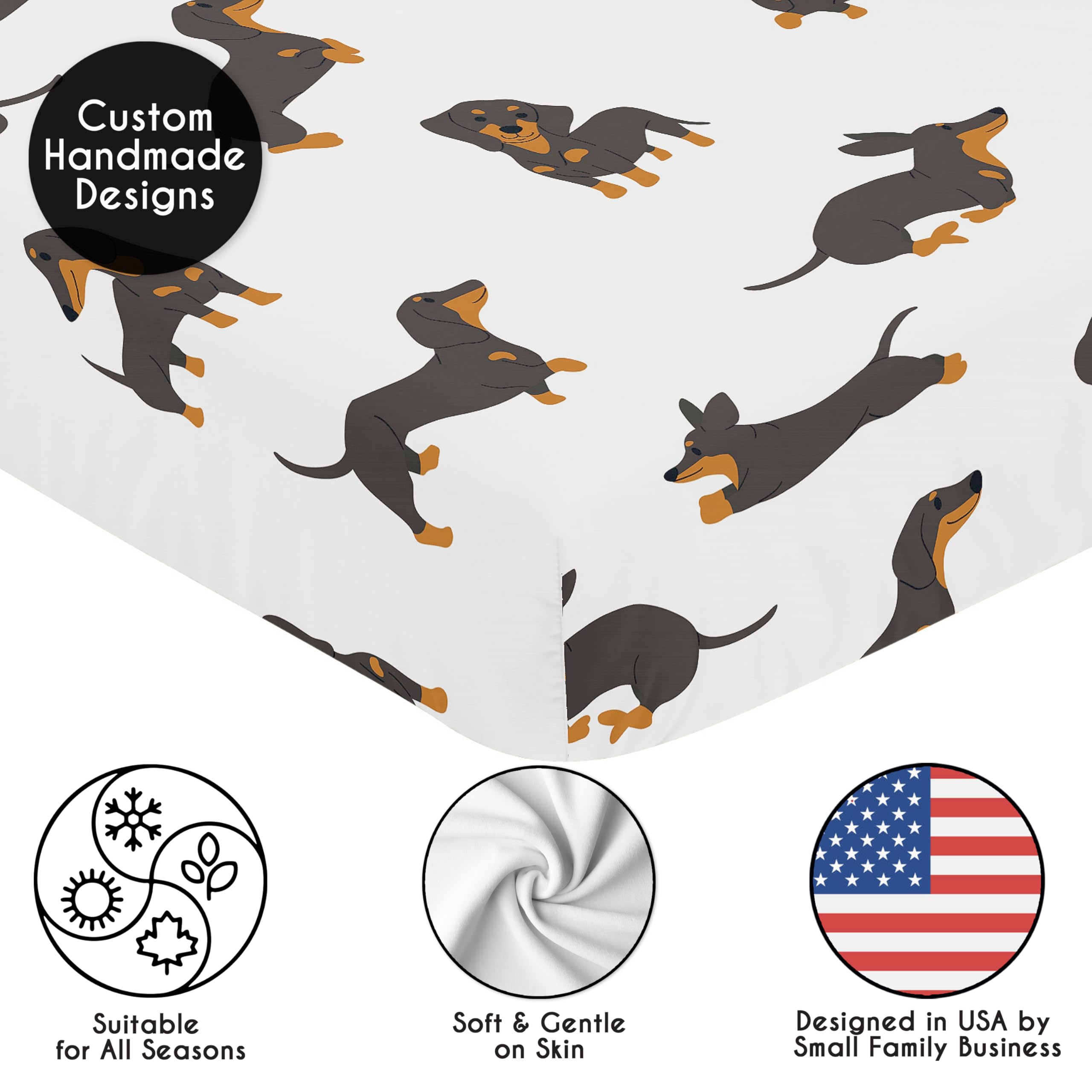 Gender-neutral black and tan dachshund print in a nursery setting