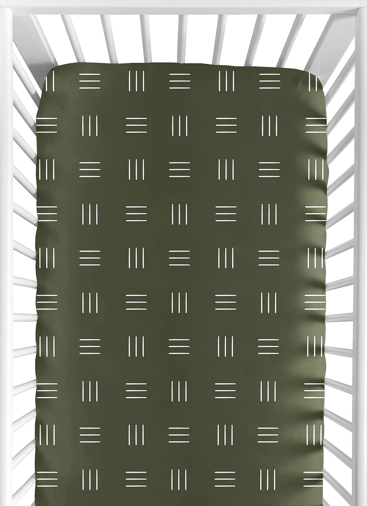 Sweet Jojo Designs green-white boho mudcloth fitted sheet closeup, soft fabric for gentle skin comfort.