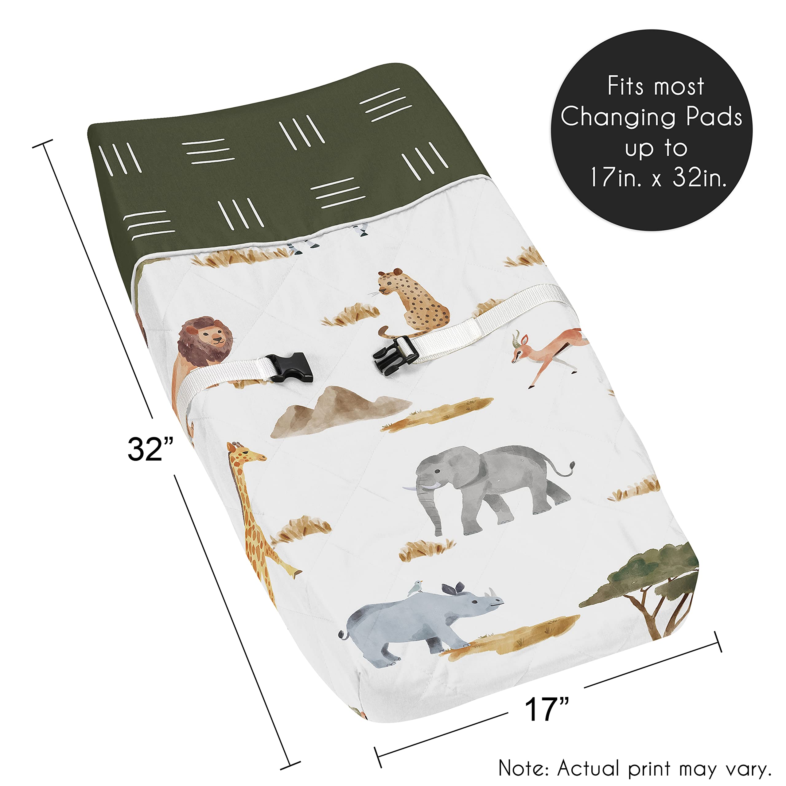 Sweet Jojo Designs jungle animals changing pad cover coordinates with matching nursery accessories.