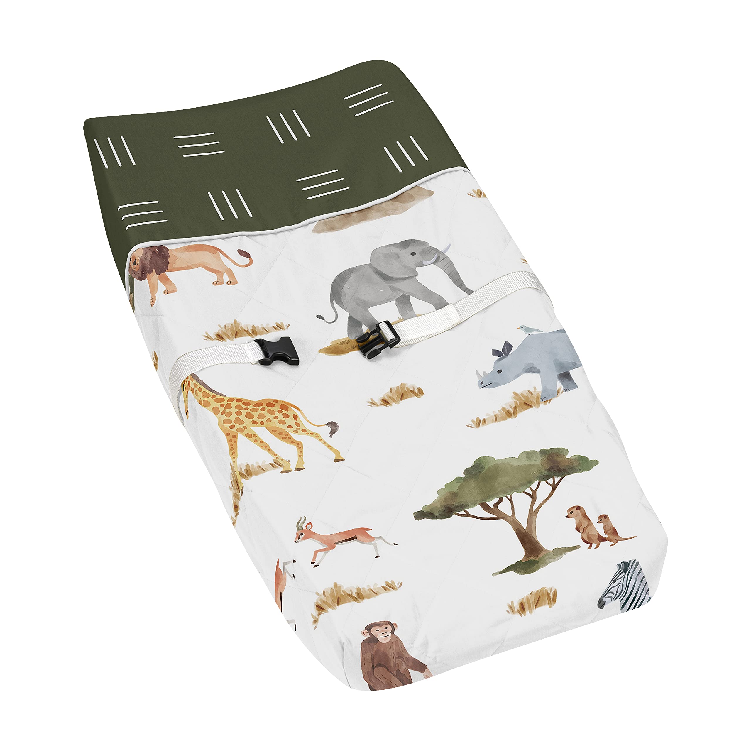 Sweet Jojo Designs jungle animals changing pad cover pattern closeup coordinating safari nursery decor.