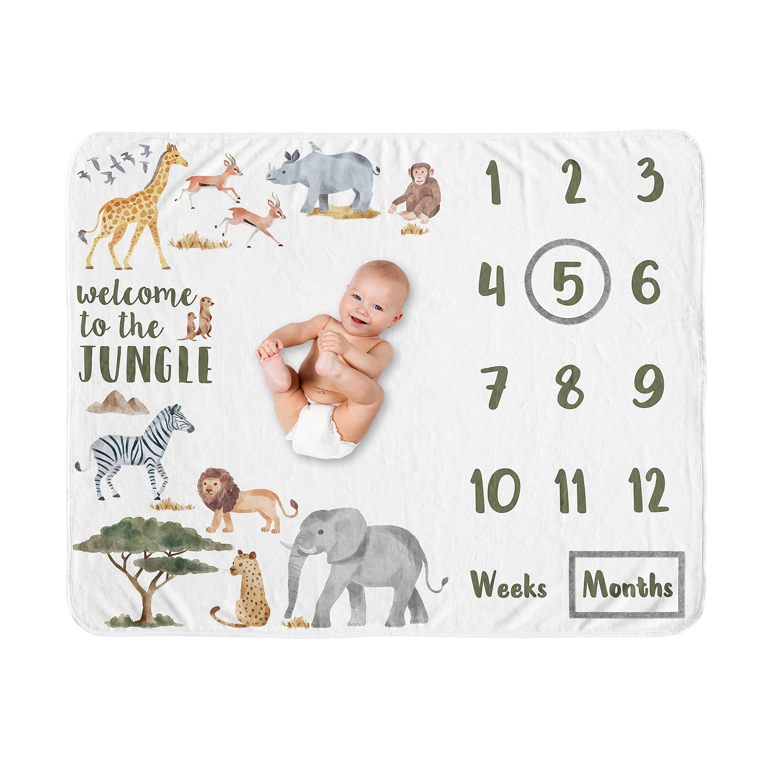 Sweet Jojo Designs Jungle Animals milestone blanket showcases colorful jungle animals for monthly growth photos