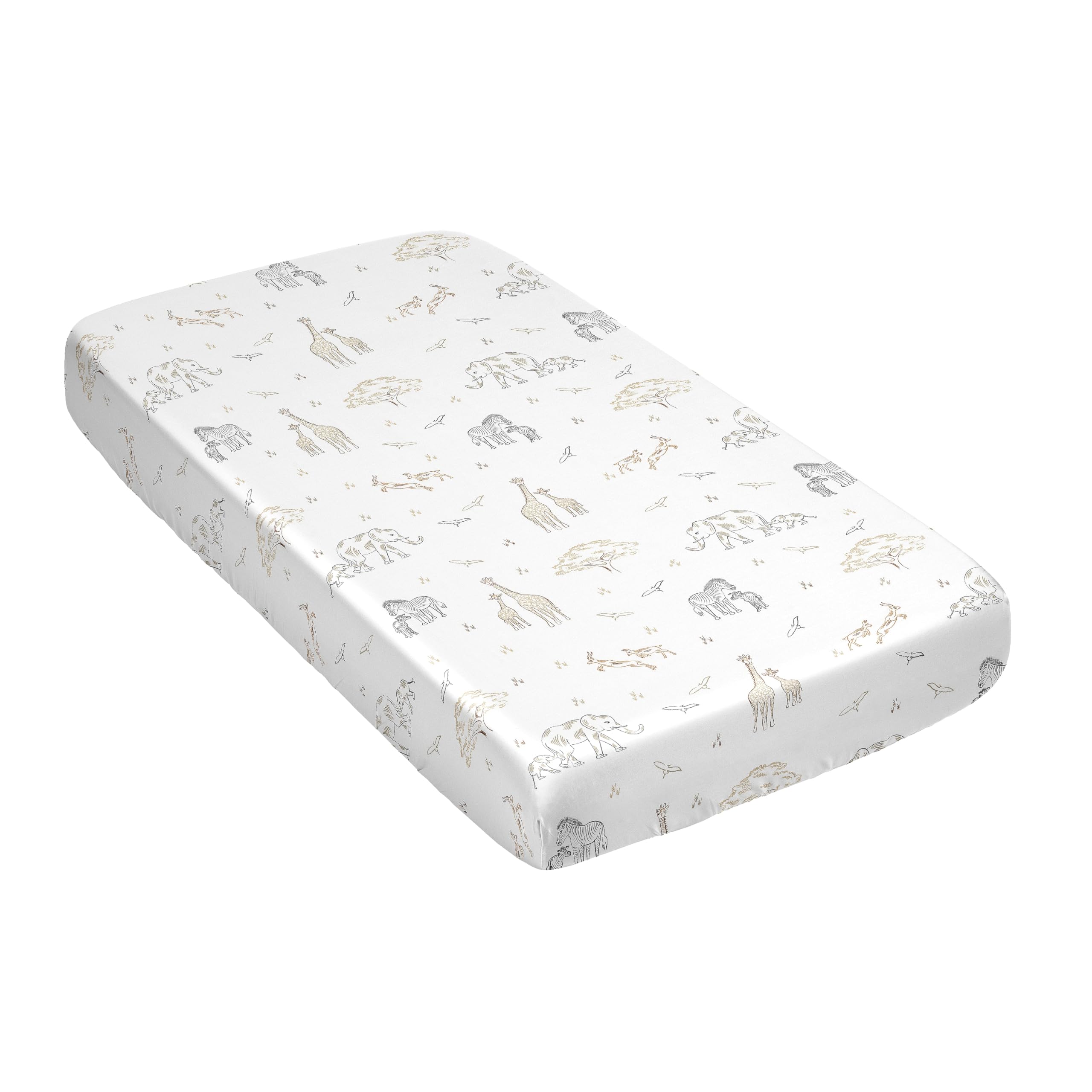 Sweet Jojo Designs wildlife print crib sheet features Serengeti scene for imaginative nursery décor