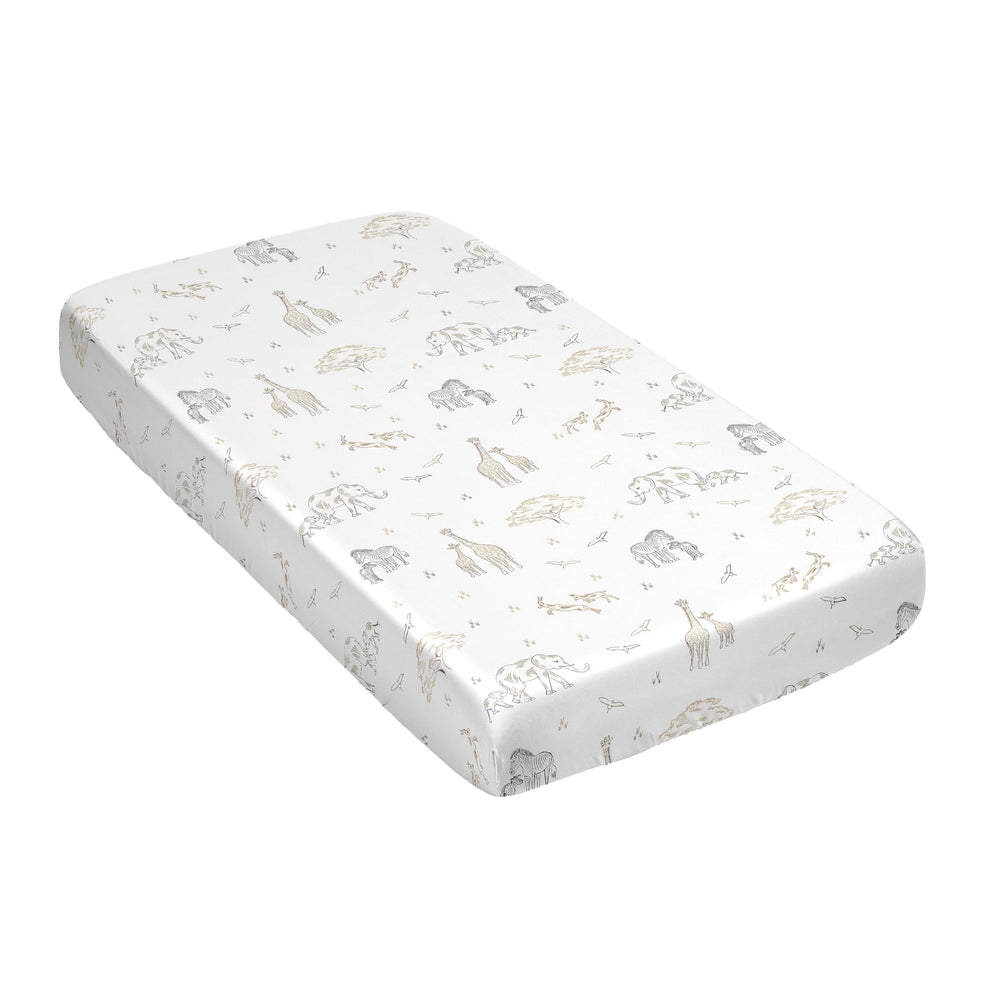 Sweet Jojo Designs wildlife print crib sheet features Serengeti scene for imaginative nursery décor