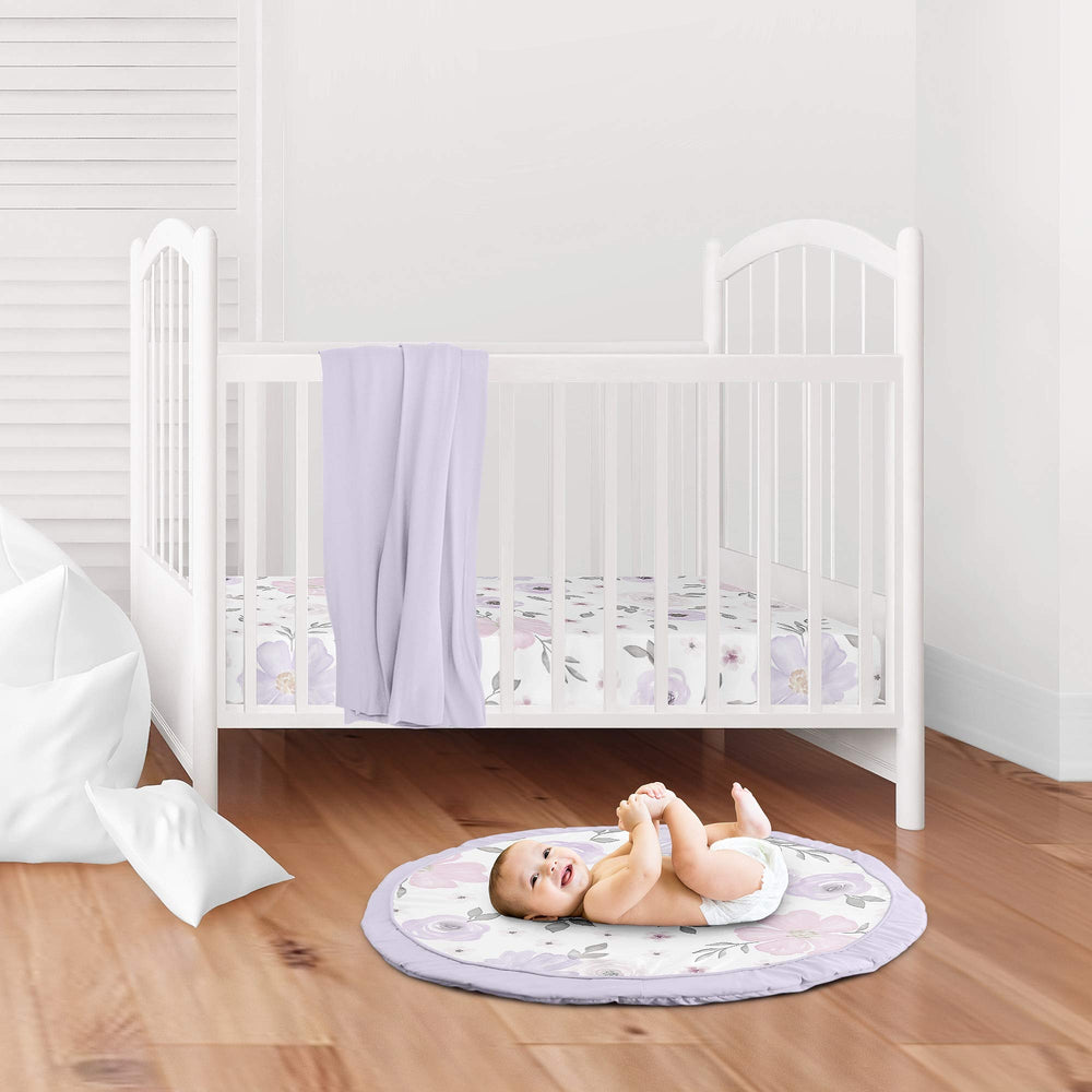 Sweet Jojo Designs lavender border piping enhances nursery decor and soft edges