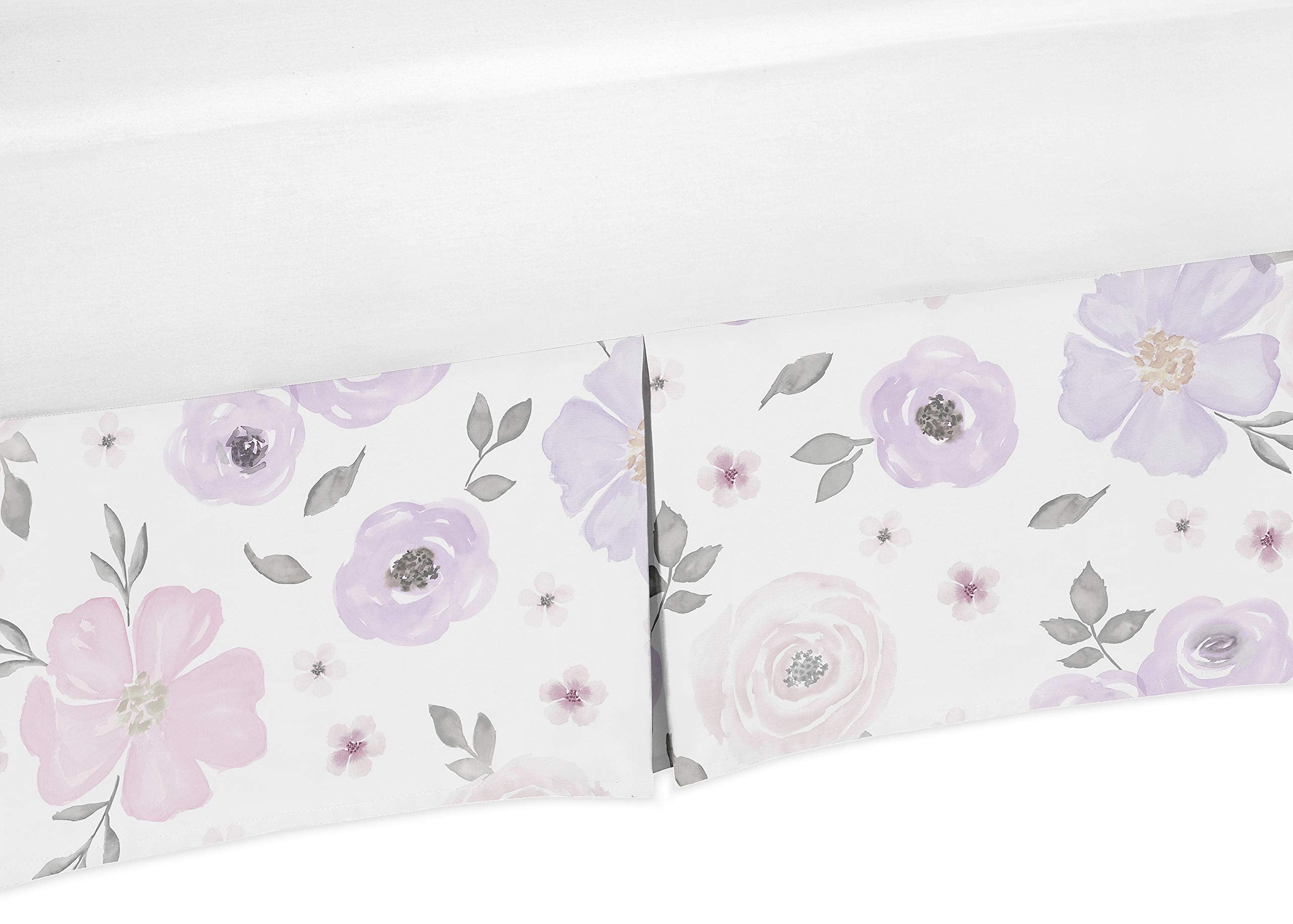 Sweet Jojo Designs lavender crib skirt shows watercolor rose flower pattern for coordinating nursery decor