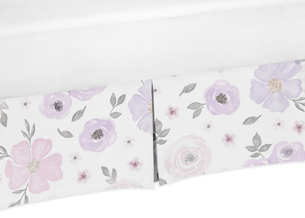 Sweet Jojo Designs lavender crib skirt shows watercolor rose flower pattern for coordinating nursery decor
