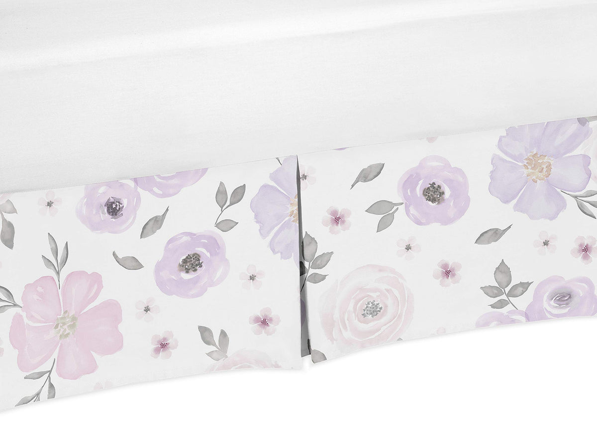 Sweet Jojo Designs lavender crib skirt shows watercolor rose flower pattern for coordinating nursery decor