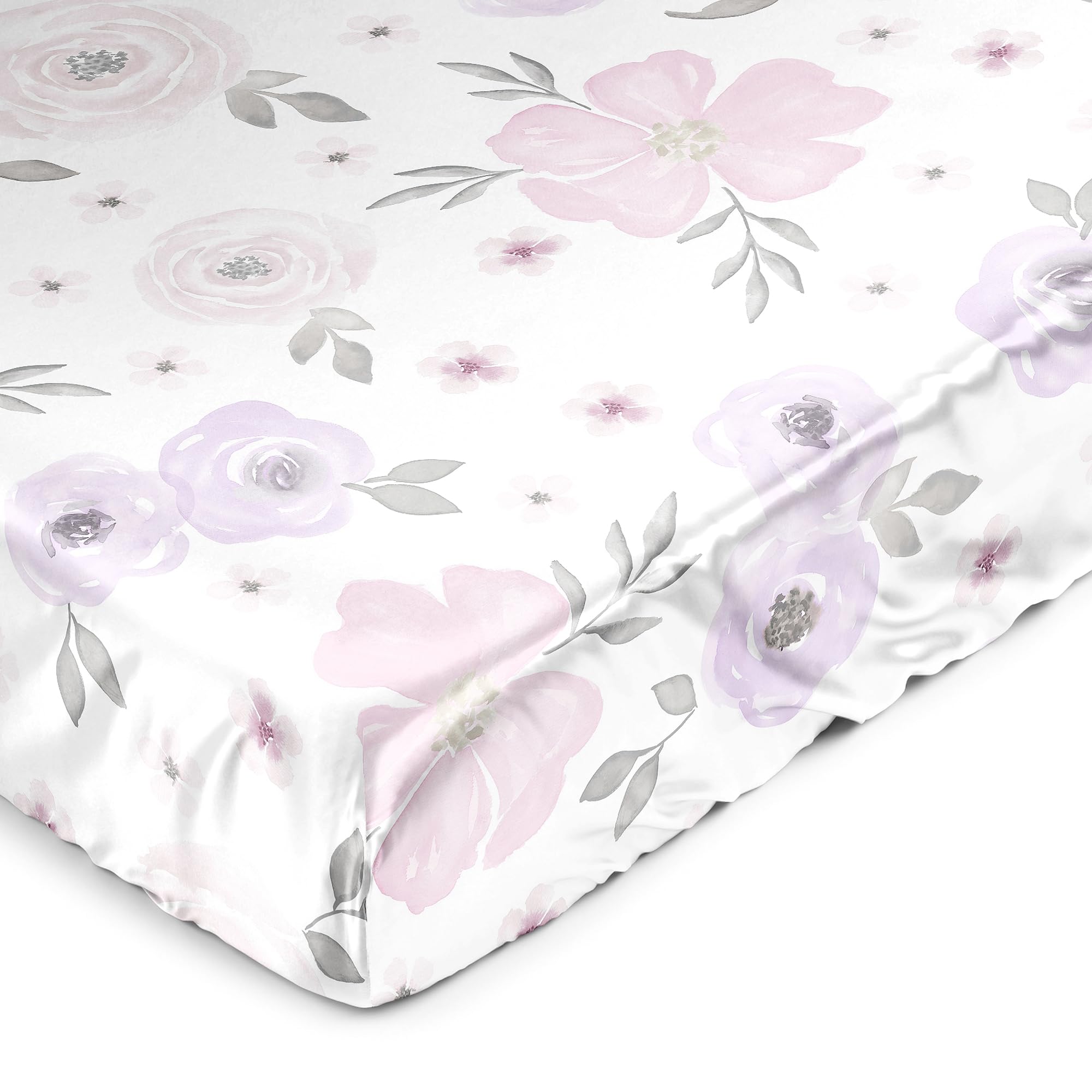 Sweet Jojo Designs Lavender Purple Boho Floral Sheet closeup, satin softness for gentle hair care