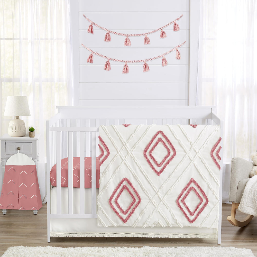 Sweet Jojo Designs mauve pink boho arrow crib blanket with tufted trim for cozy nursery vibes