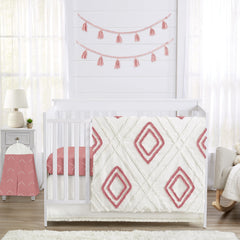 Sweet Jojo Designs mauve pink boho arrow crib blanket with tufted trim for cozy nursery vibes