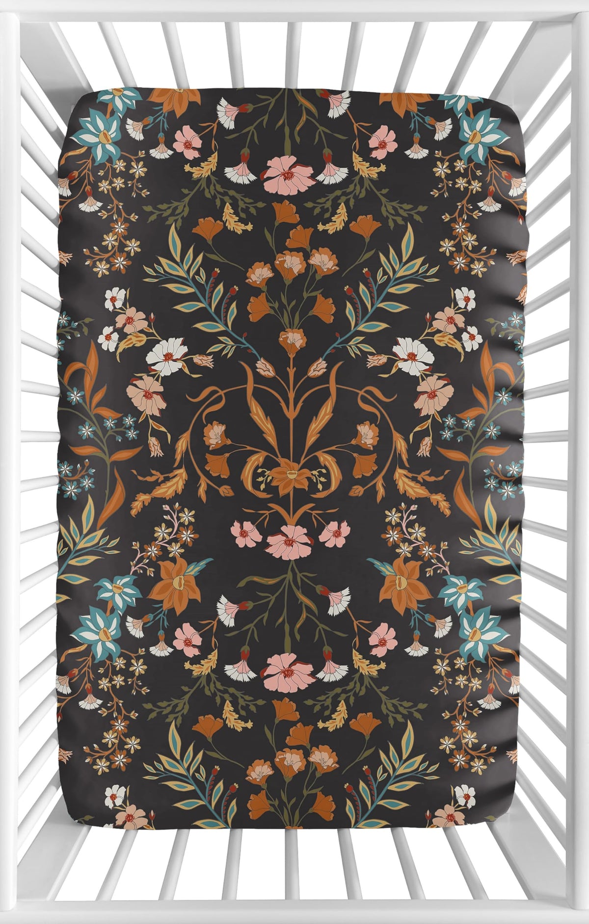 Sweet Jojo Designs mini crib sheet in black wildflower offers a snug fit for cozy sleep