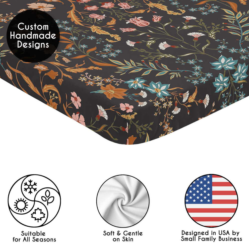 Sweet Jojo Designs mini crib sheet in black wildflower ready for portable cribs and quick changes