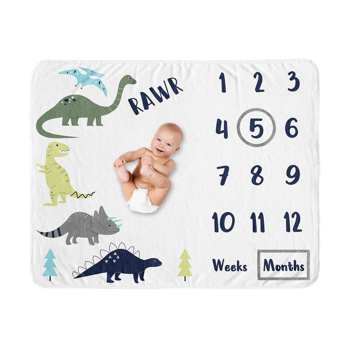 Sweet Jojo Designs Mod Dino Boy milestone blanket closeup showcases plush minky texture for warm baby photos.