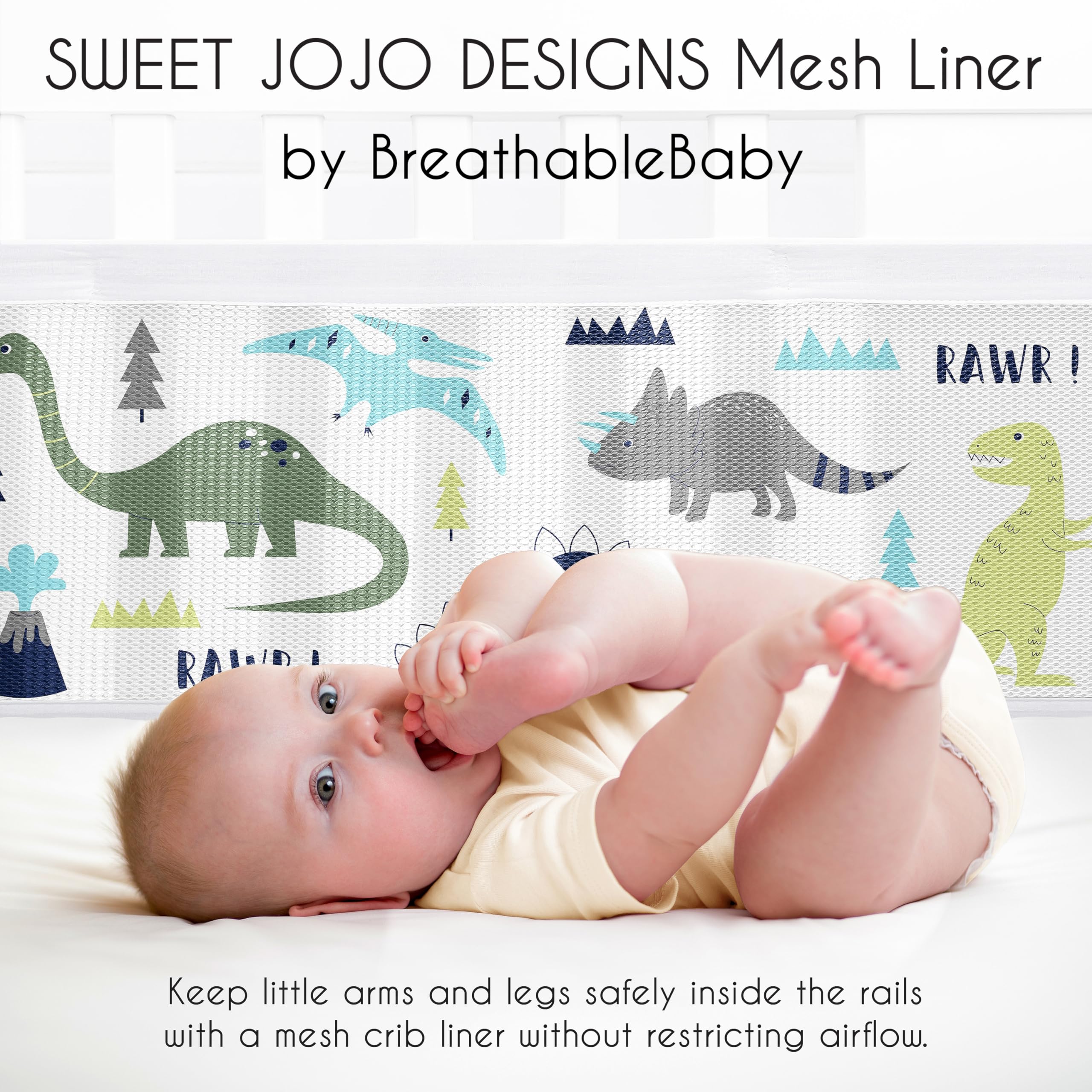 Sweet Jojo Designs mod dino dinosaur pattern closeup enhances nursery style with safe mesh.