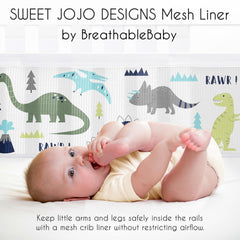 Sweet Jojo Designs mod dino dinosaur pattern closeup enhances nursery style with safe mesh.