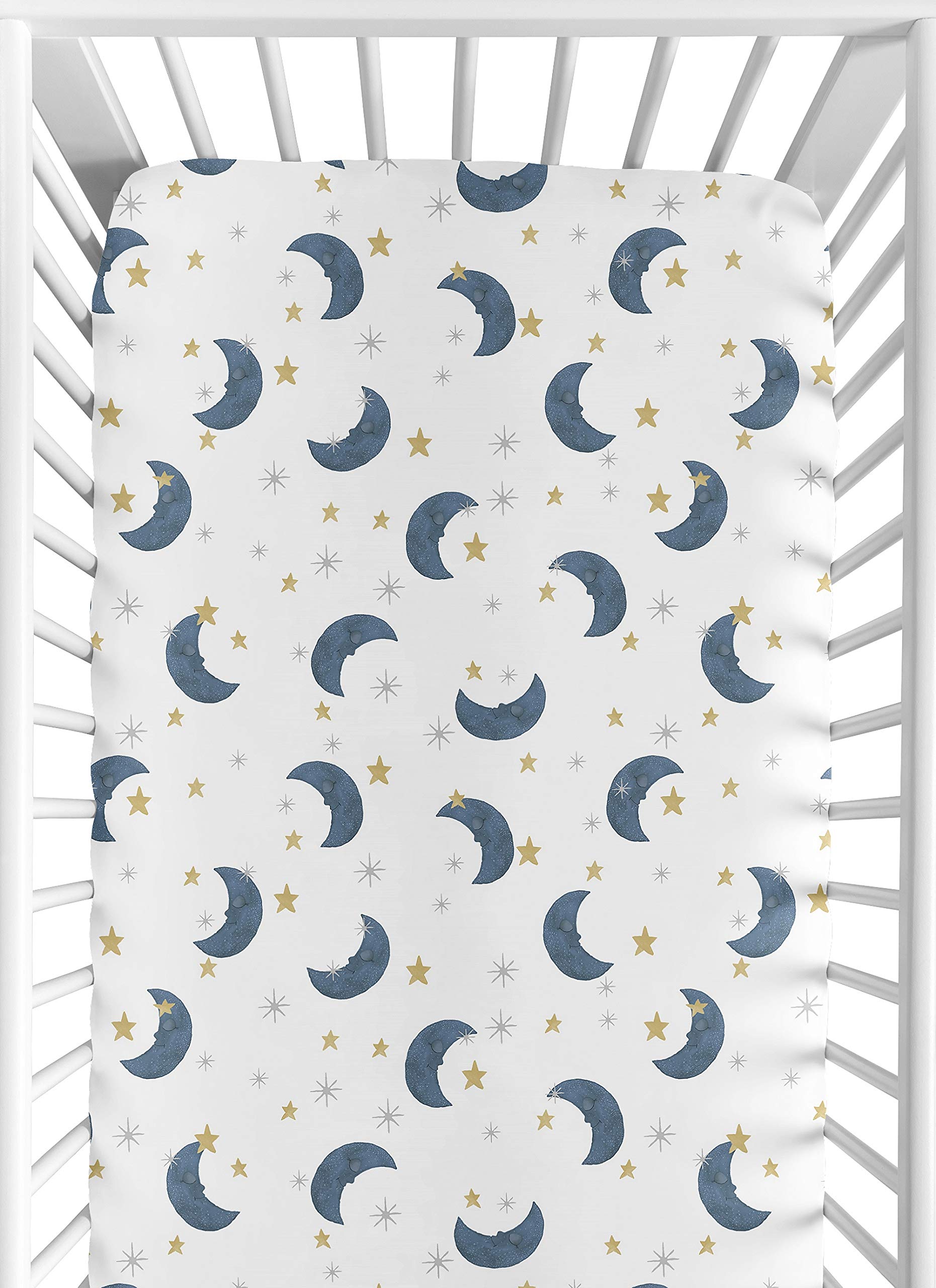 Sweet Jojo Designs Moon Star fitted crib sheet with snug standard-crib fit.