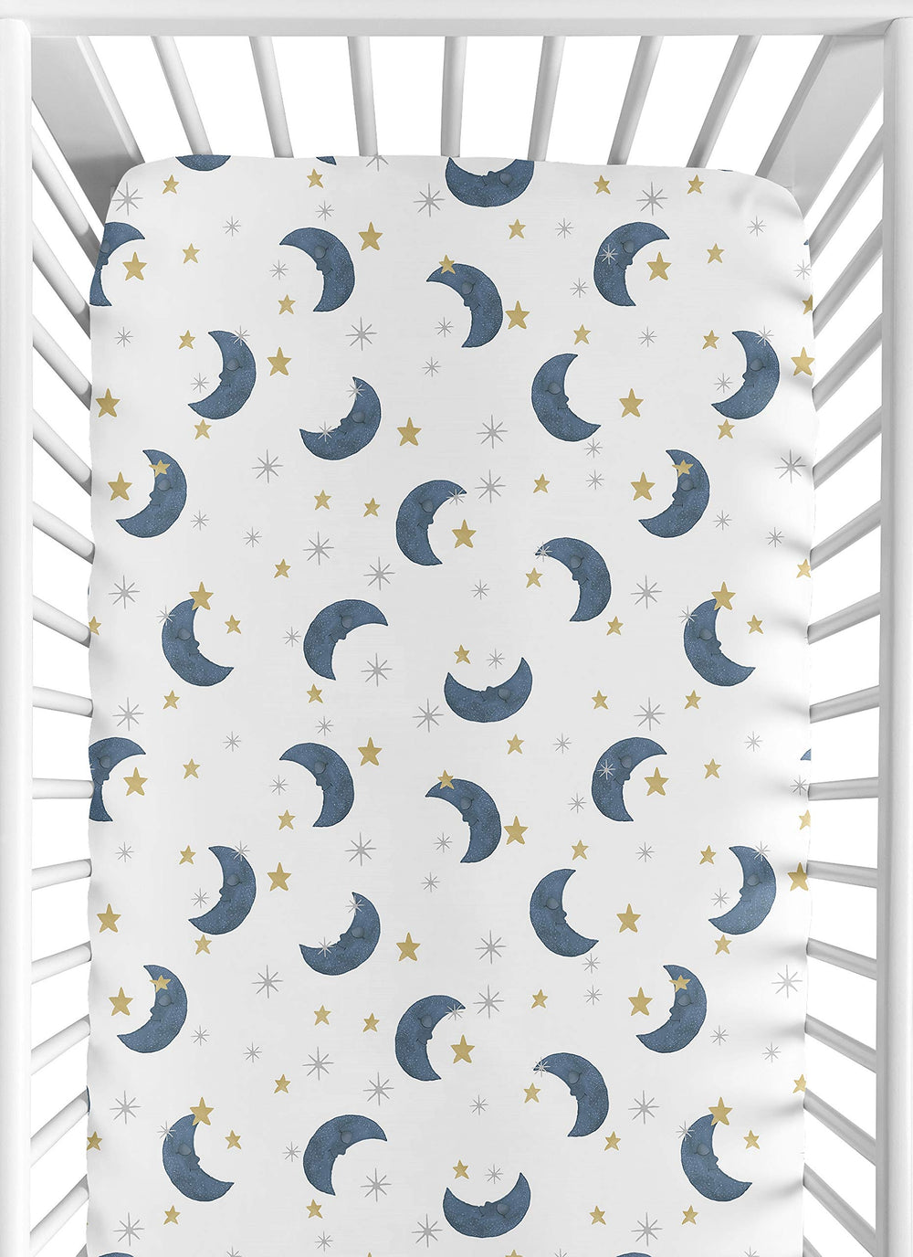 Sweet Jojo Designs Moon Star fitted crib sheet with snug standard-crib fit.