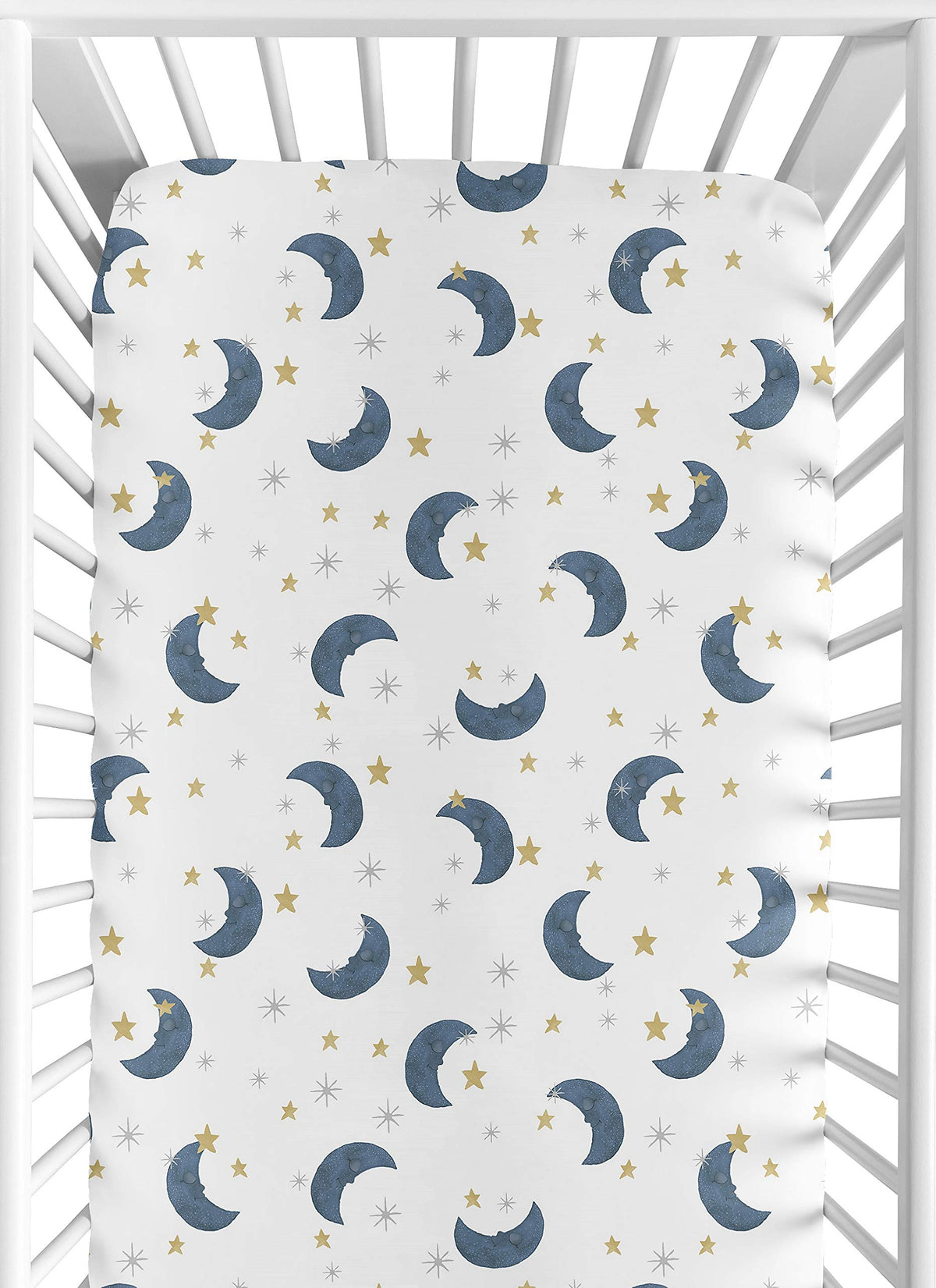 Sweet Jojo Designs Moon Star fitted crib sheet with snug standard-crib fit.