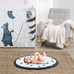 Sweet Jojo Designs celestial print closeup showing navy and gold visuals