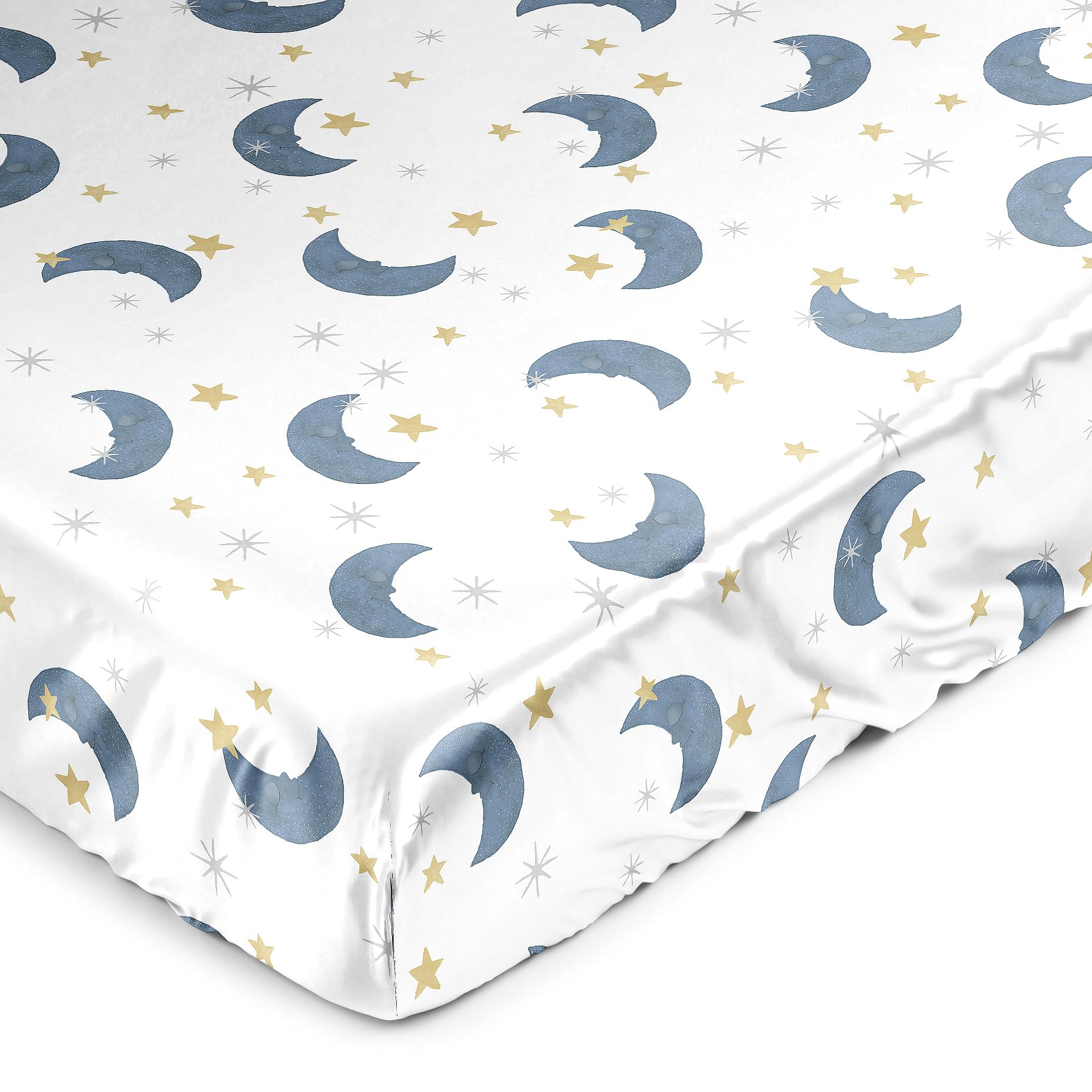 Sweet Jojo Designs Moon Star satin crib sheet close-up shows luxurious shine and gentle newborn comfort.