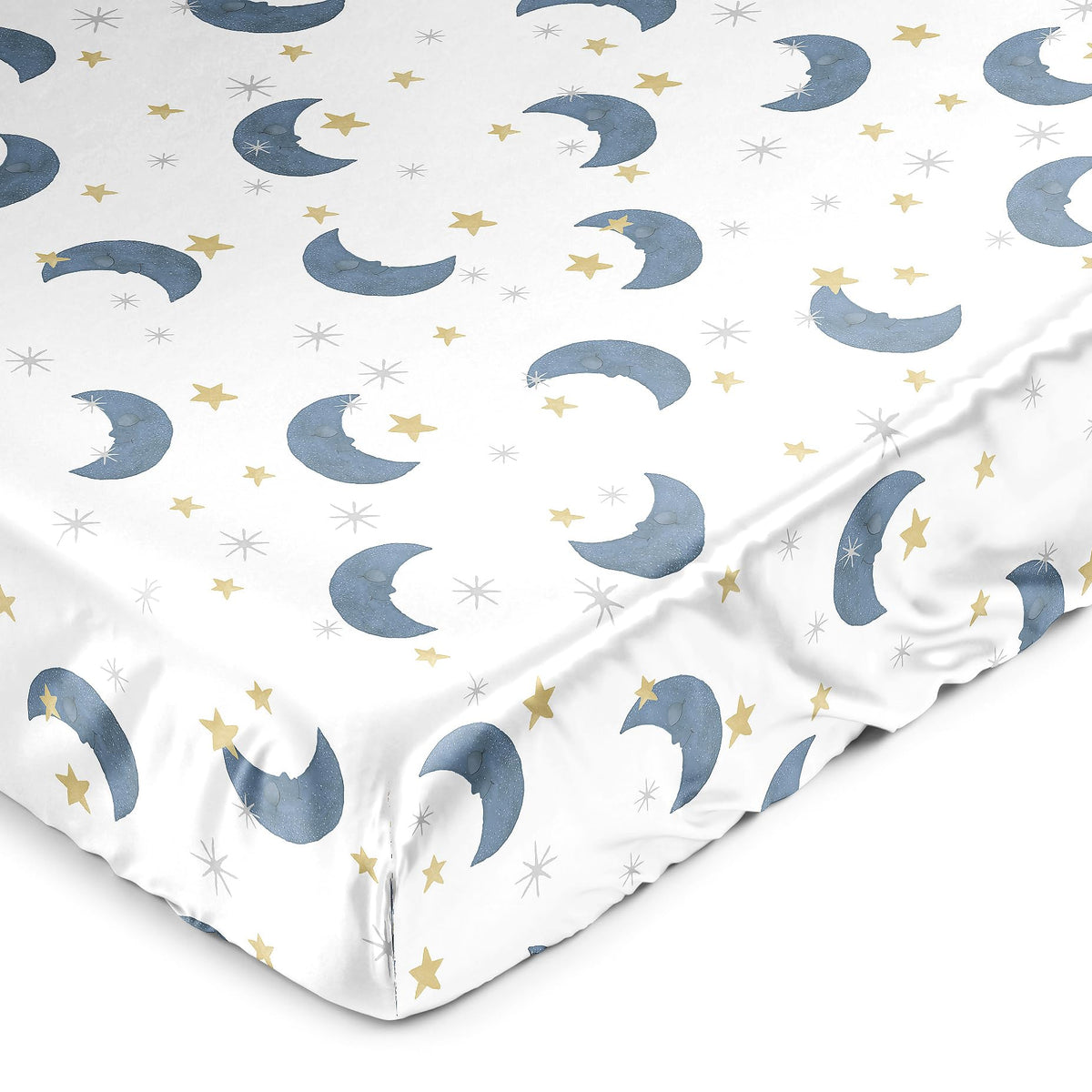 Sweet Jojo Designs Moon Star satin crib sheet close-up shows luxurious shine and gentle newborn comfort.