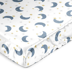 Sweet Jojo Designs Moon Star satin crib sheet close-up shows luxurious shine and gentle newborn comfort.