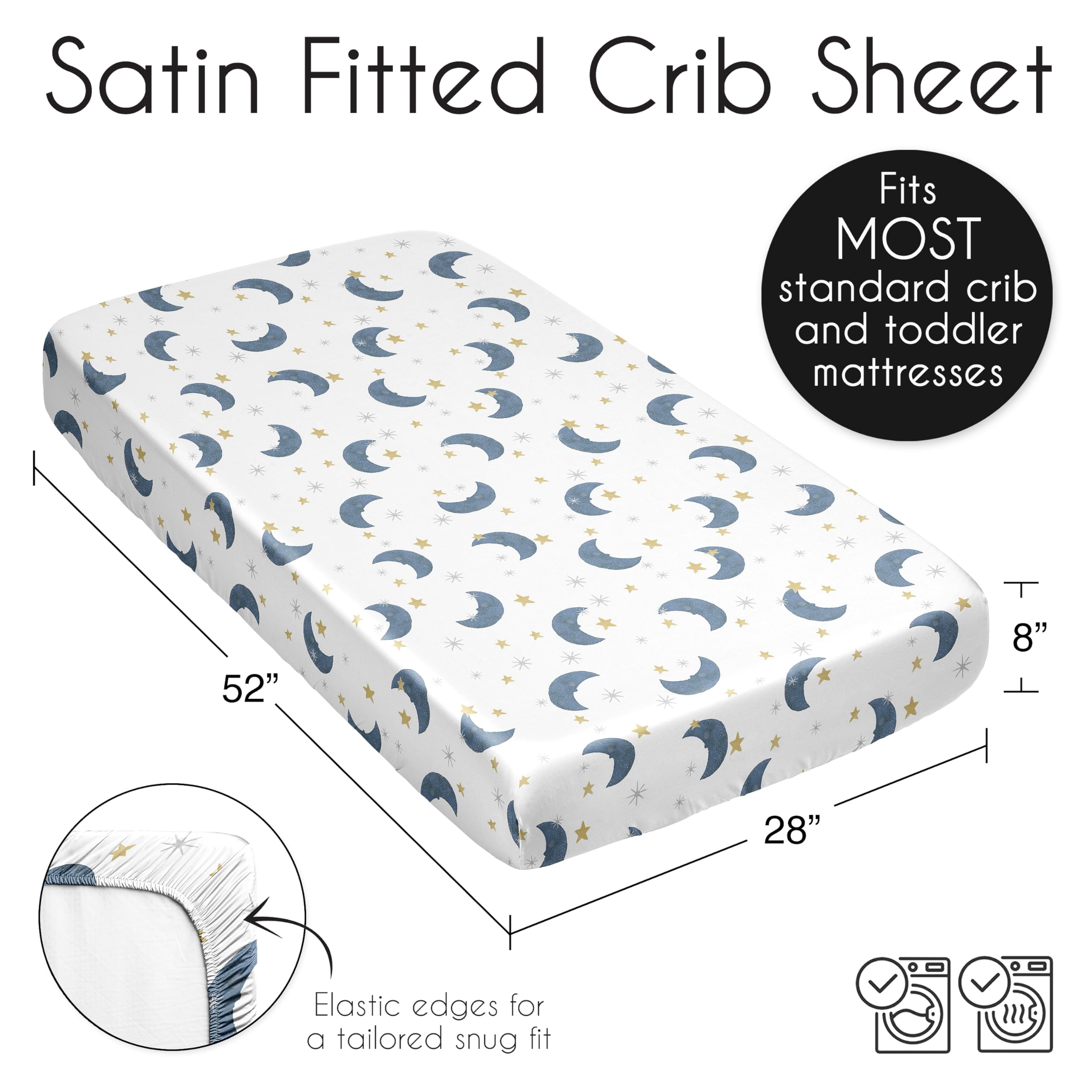 Sweet Jojo Designs Moon Star satin crib sheet coordinates with other celestial nursery pieces.