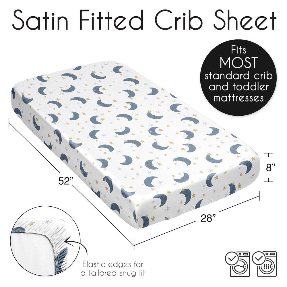 Sweet Jojo Designs Moon Star satin crib sheet coordinates with other celestial nursery pieces.