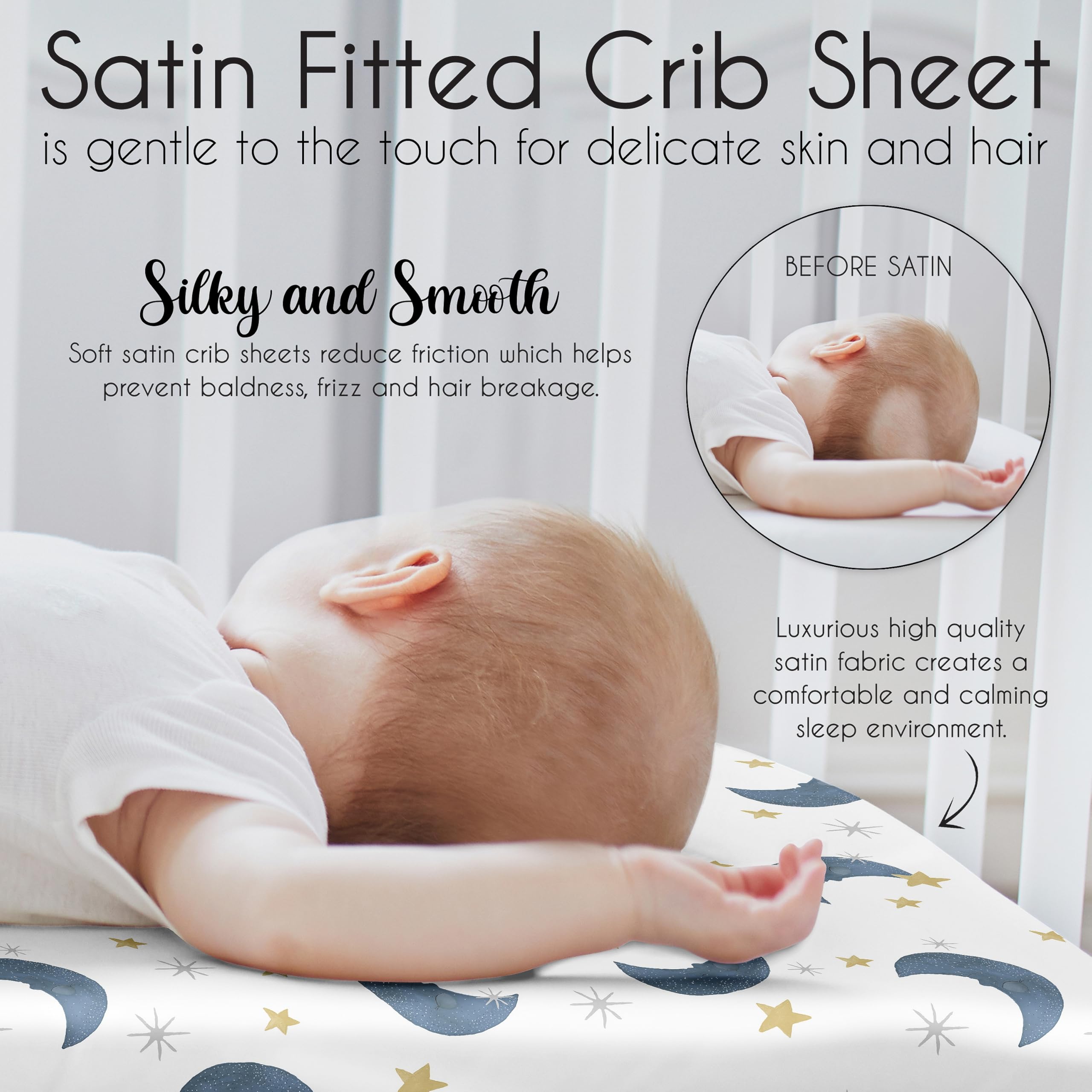 Sweet Jojo Designs Moon Star satin crib sheet machine-wash friendly for busy nursery days.