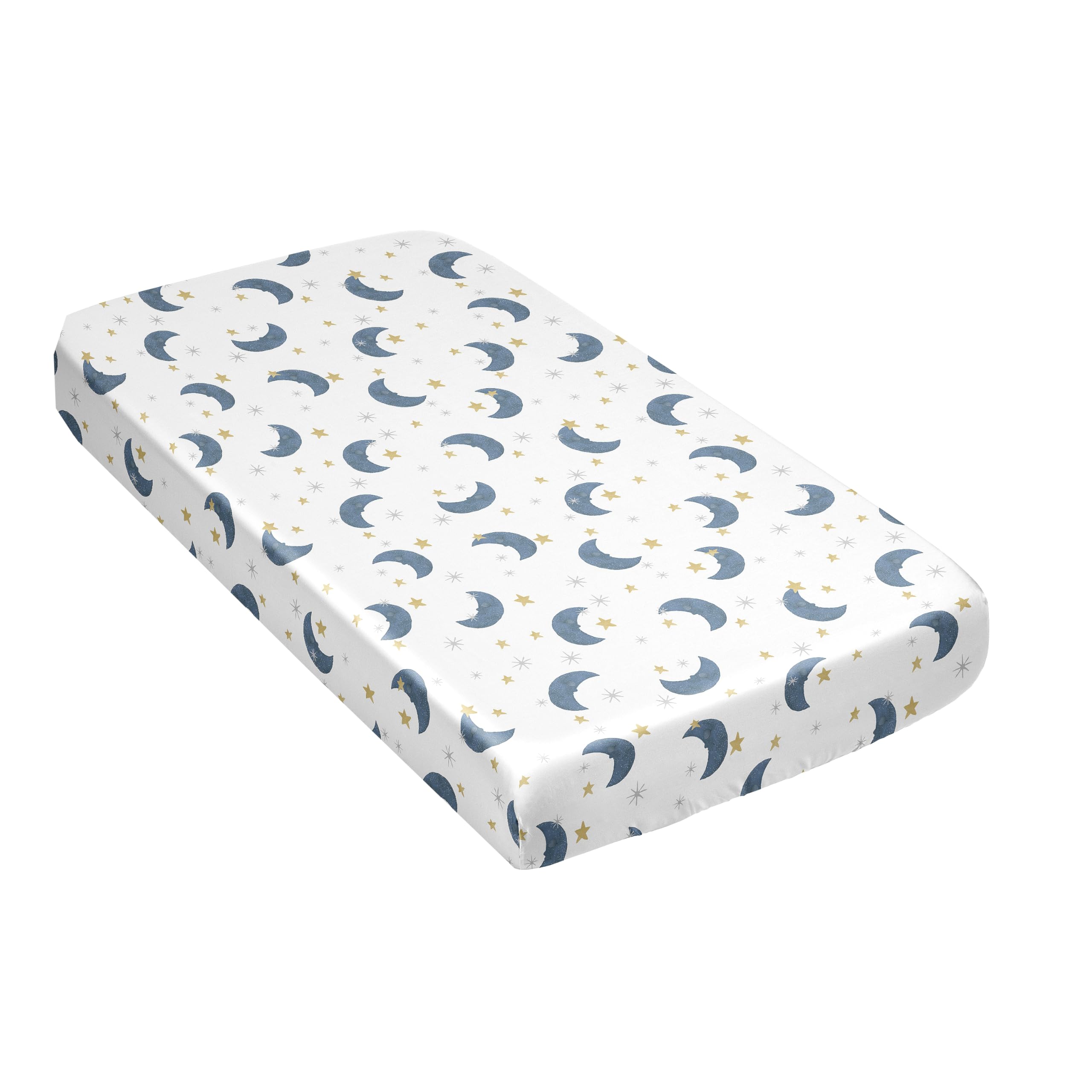 Sweet Jojo Designs Moon Star satin crib sheet navy and gold print brightens a nursery setup.
