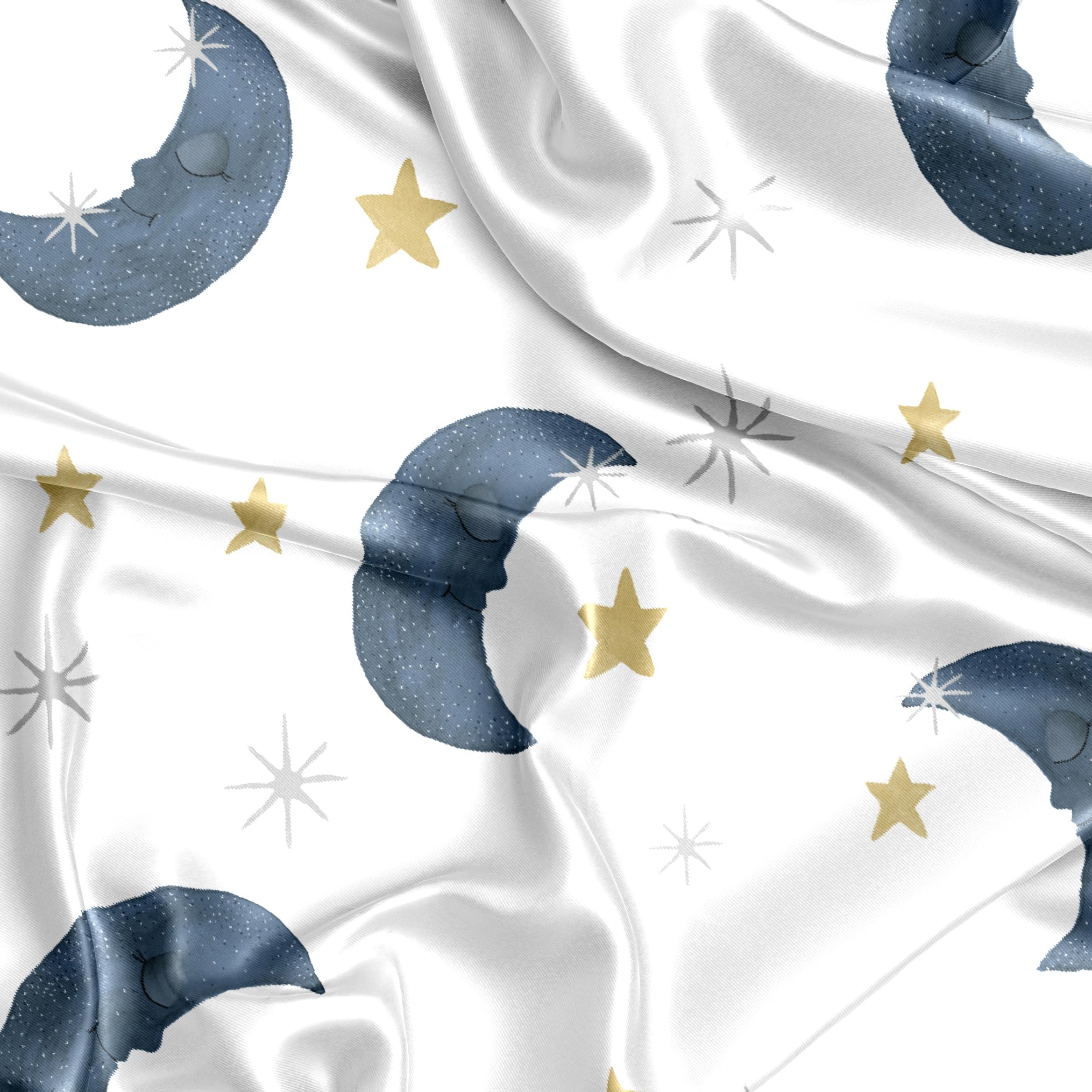 Sweet Jojo Designs Moon Star satin crib sheet on a standard crib mattress demonstrates secure fit.