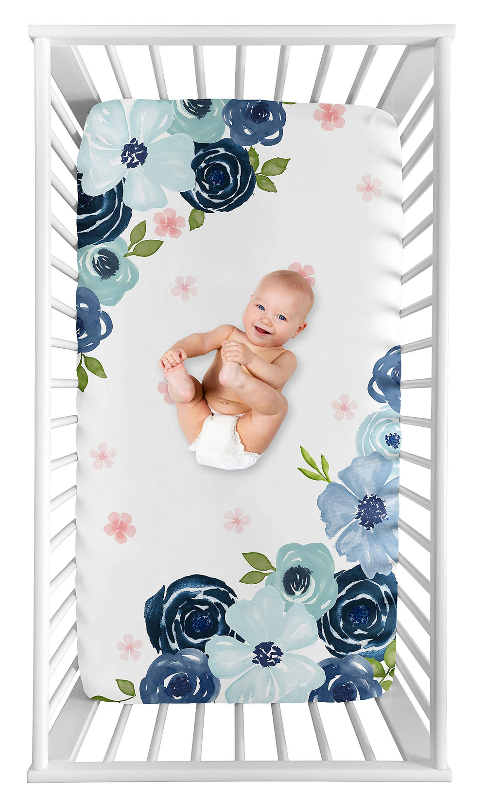 Sweet Jojo Designs navy blue pink watercolor floral fitted crib sheet for secure fit.