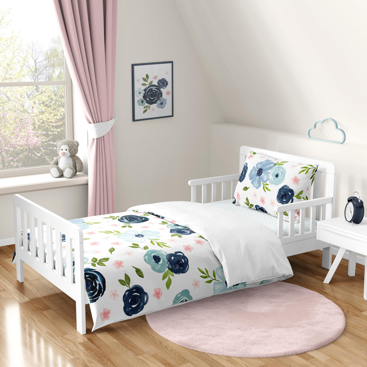 Sweet Jojo Designs navy-pink watercolor floral comforter for cozy nights