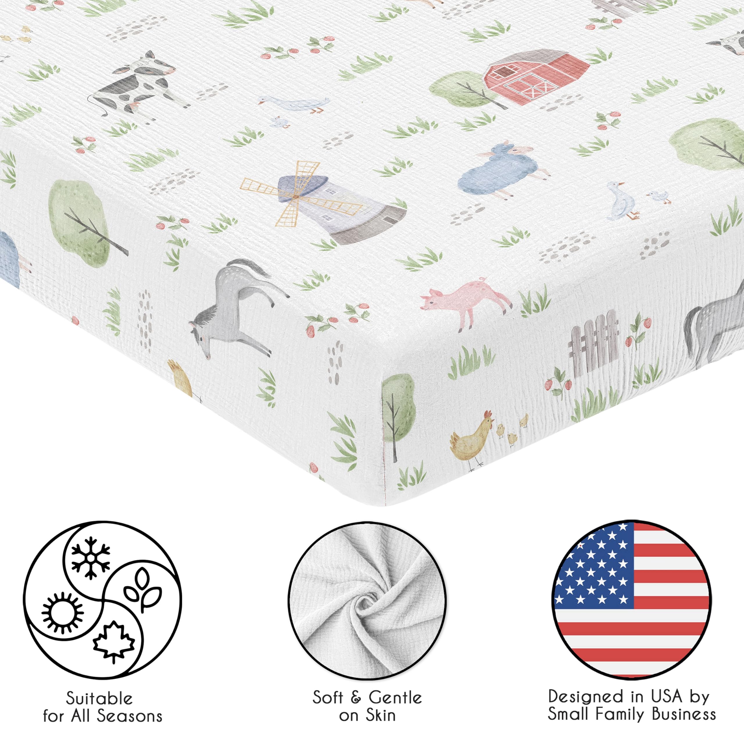 Nursery styling with Sweet Jojo Designs farm animals sheets for a coordinated look.