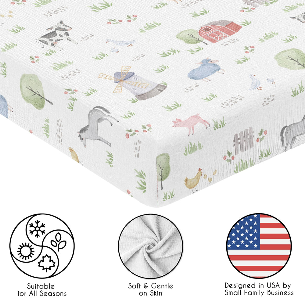 Nursery styling with Sweet Jojo Designs farm animals sheets for a coordinated look.
