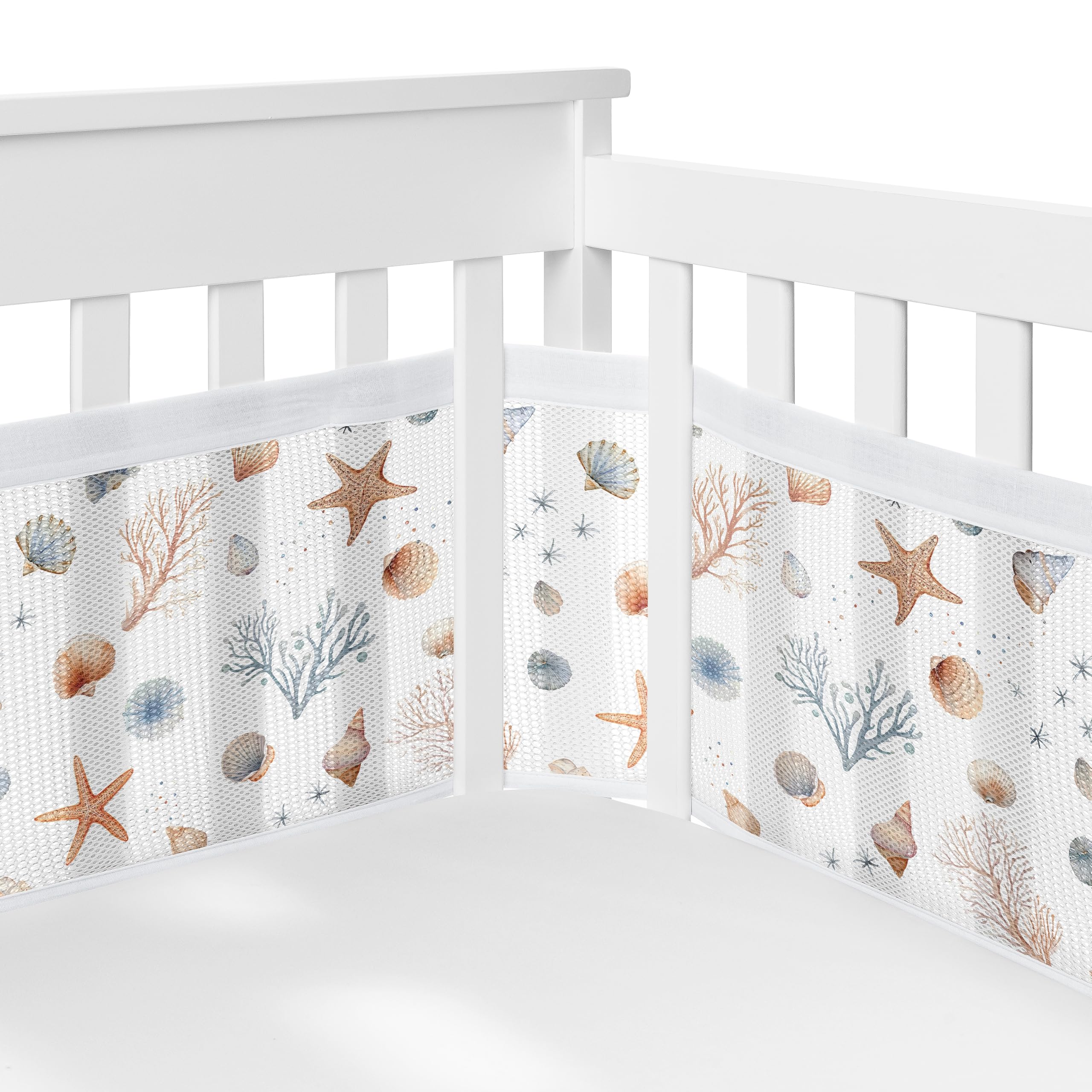 Sweet Jojo Designs Ocean Seashells long panel mesh crib liner keeps limbs inside for safety.