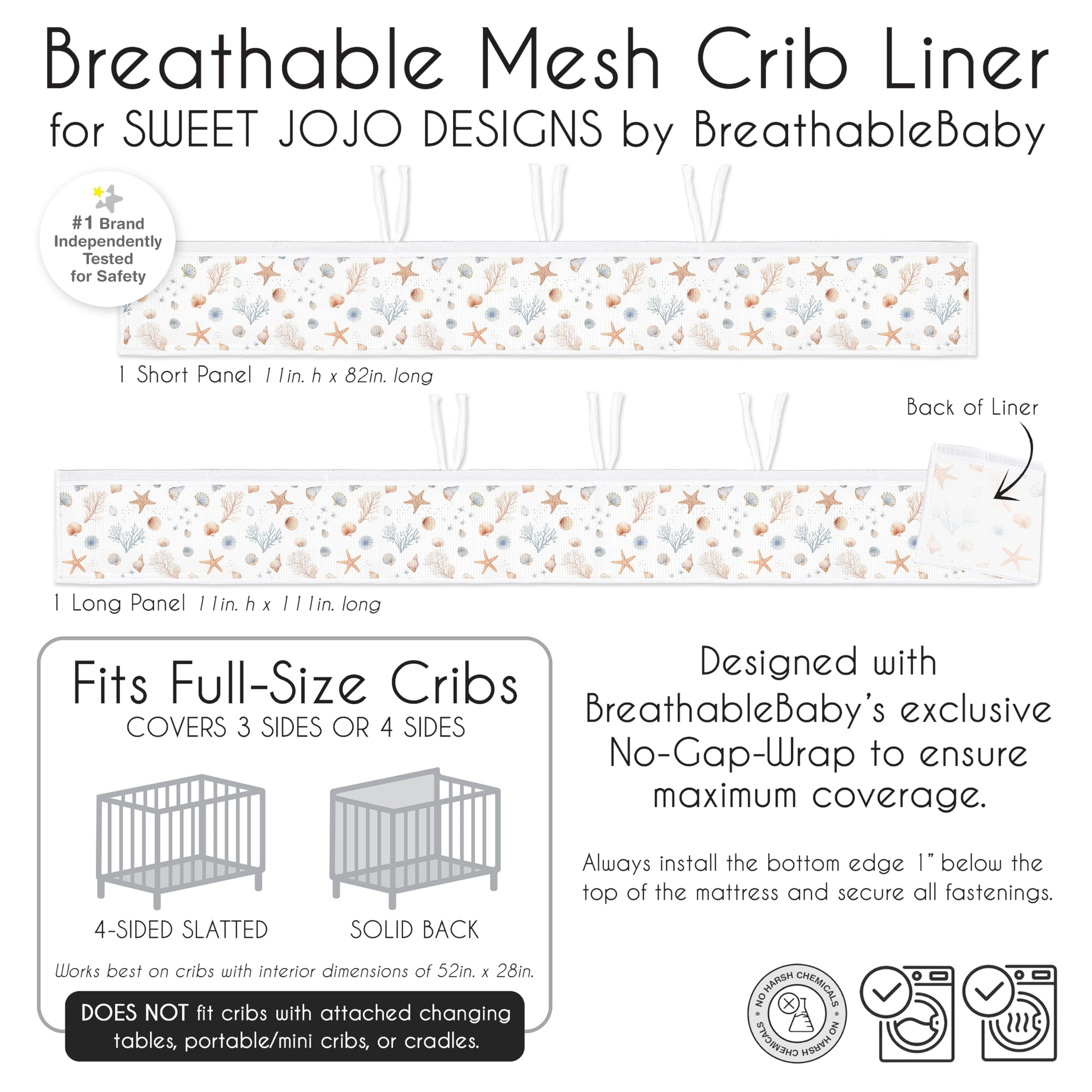 Sweet Jojo Designs Ocean Seashells machine-washable liner ready for cold washing.