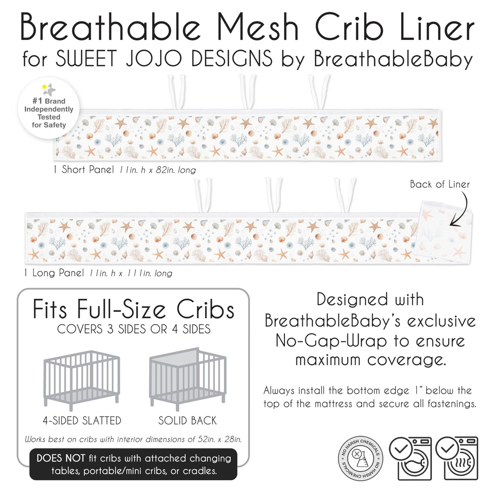 Sweet Jojo Designs Ocean Seashells machine-washable liner ready for cold washing.