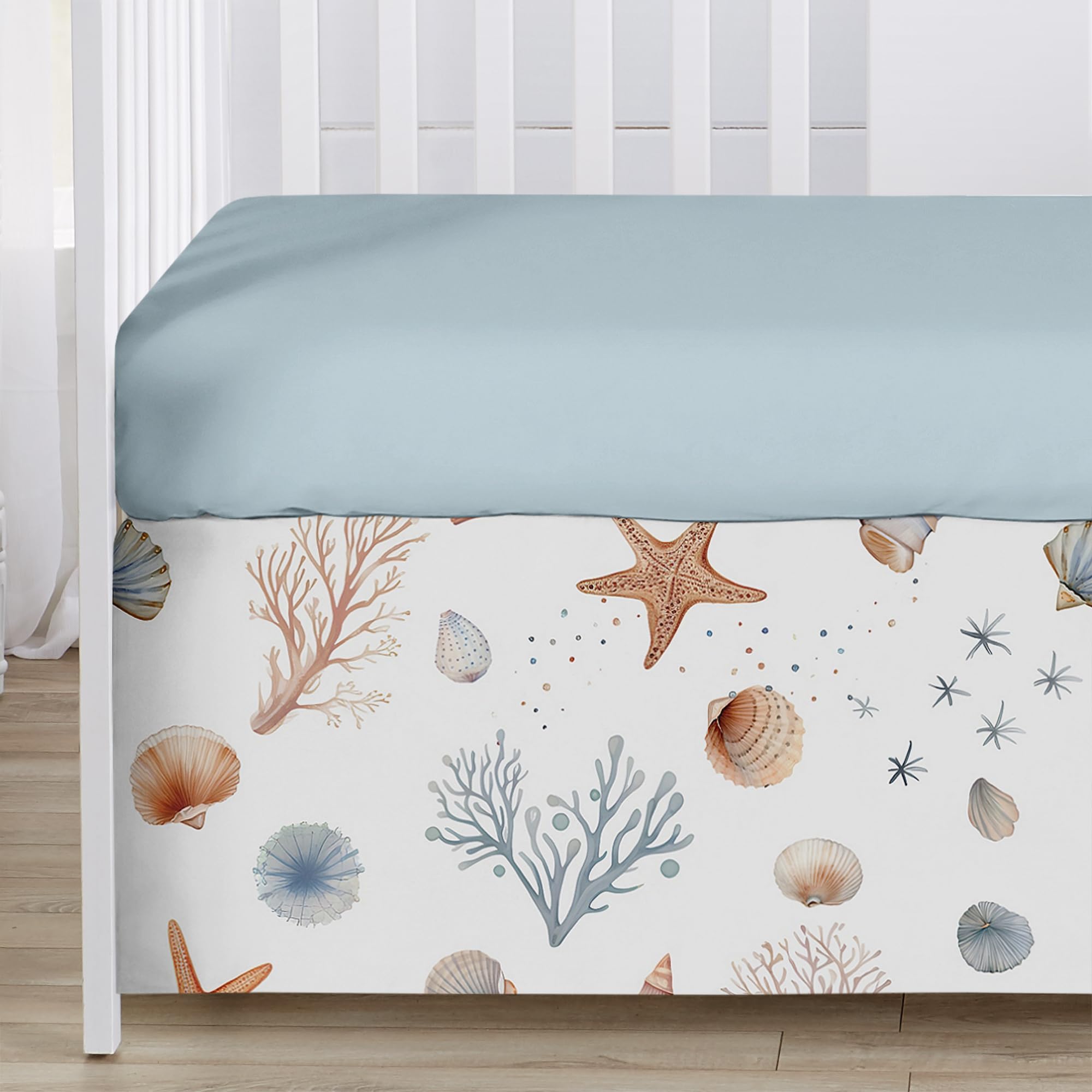 Sweet Jojo Designs Ocean Seashells watercolor tones enhance coastal nursery ambiance