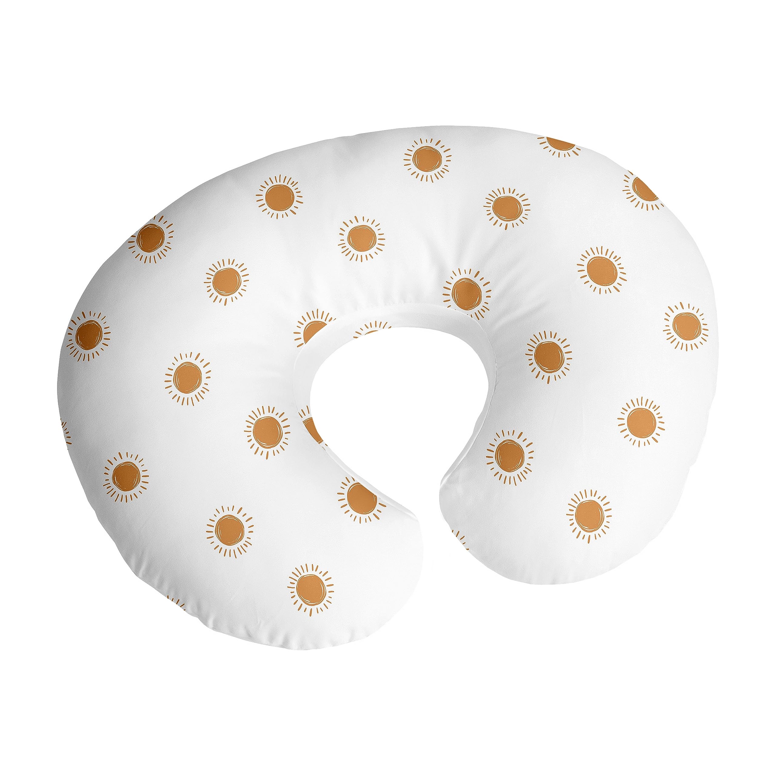 Sweet Jojo Designs nursing pillow cover closeup shows orange white boho sun print for bright nursery style.