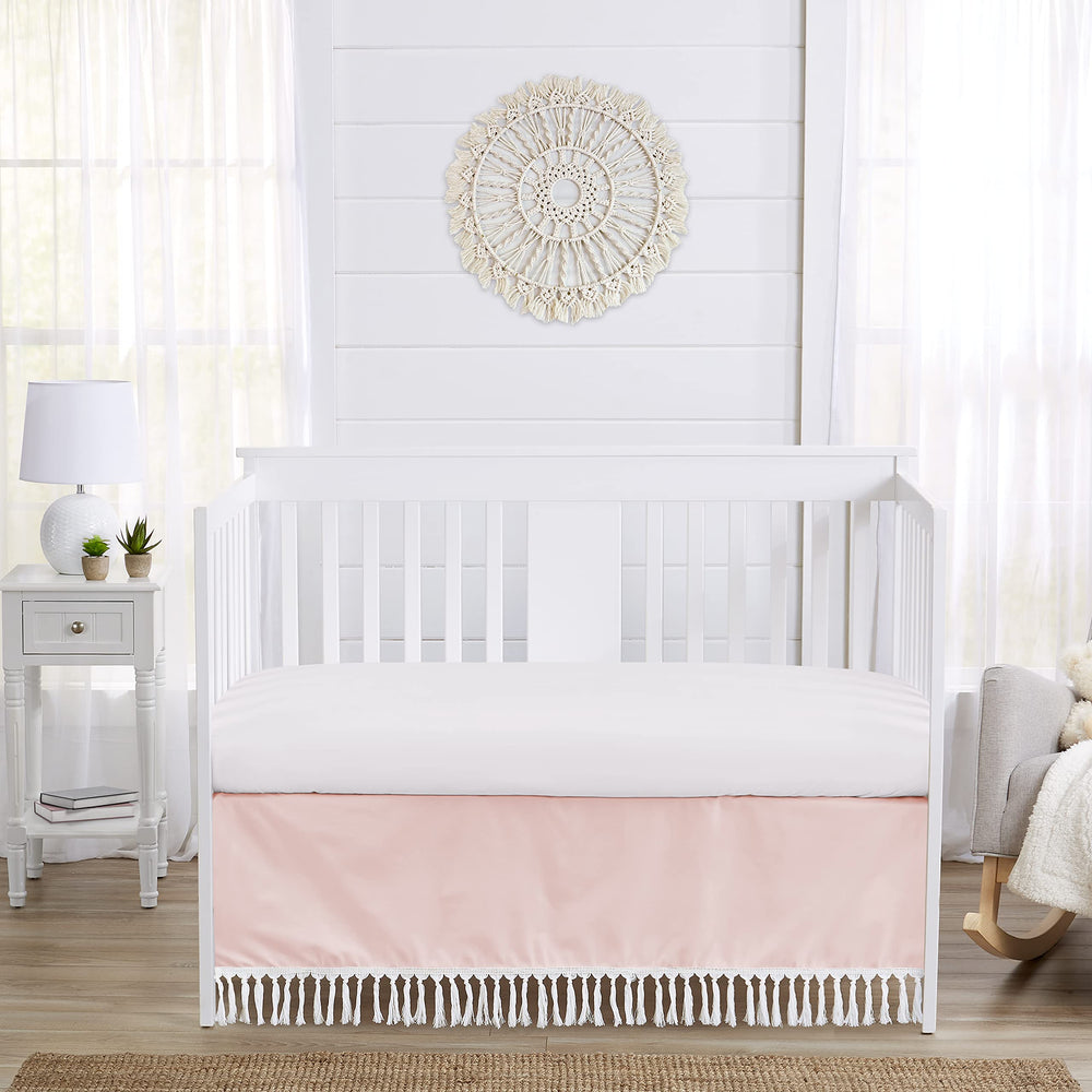 Sweet Jojo Designs blush pink and white dust ruffle close-up highlighting easy machine washing.