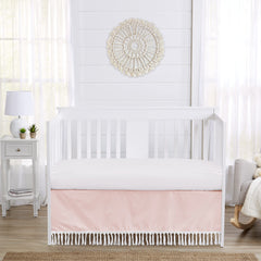 Sweet Jojo Designs blush pink and white dust ruffle close-up highlighting easy machine washing.