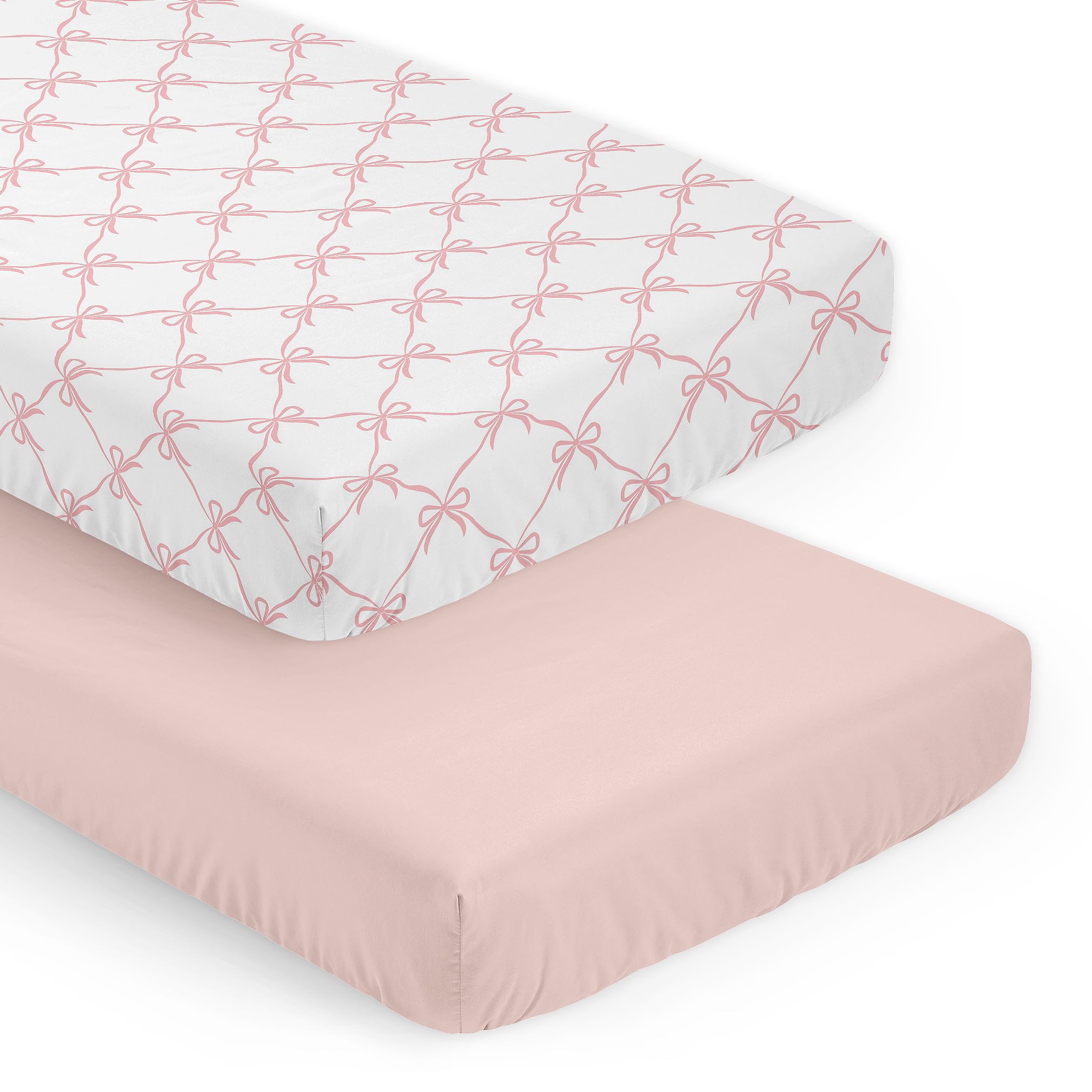 Sweet Jojo Designs pink bows crib sheet closeup, showcasing soft fabric and snug fit.