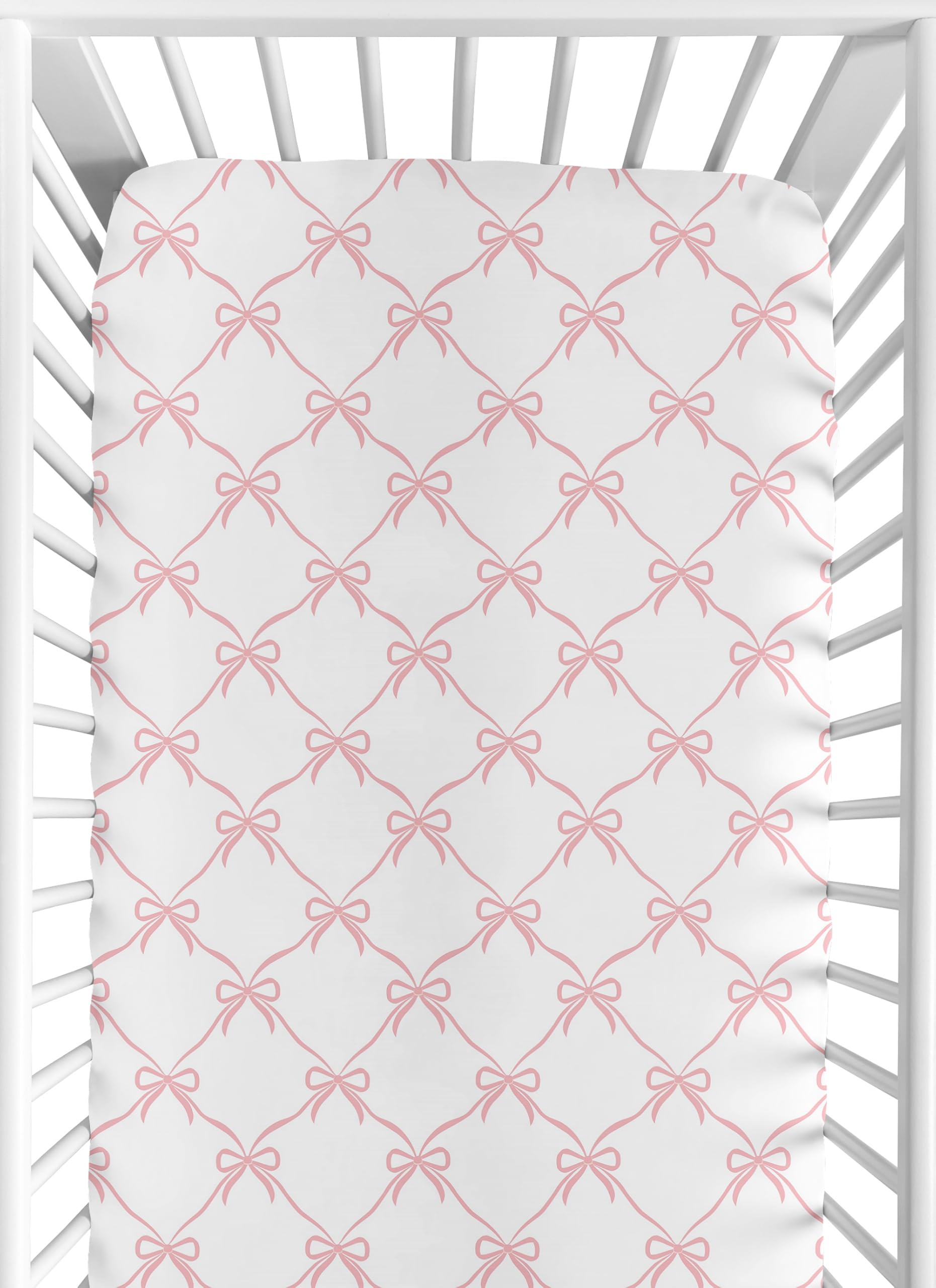 Sweet Jojo Designs pink bows crib sheet closeup; soft brushed microfiber for gentle sleep.
