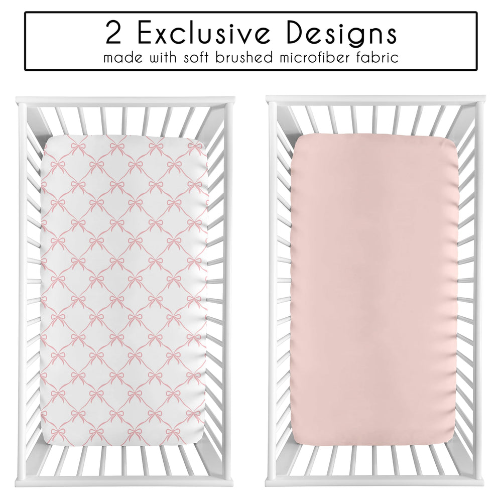 Sweet Jojo Designs pink bows crib sheet full-fit demonstrates secure elastic edge.