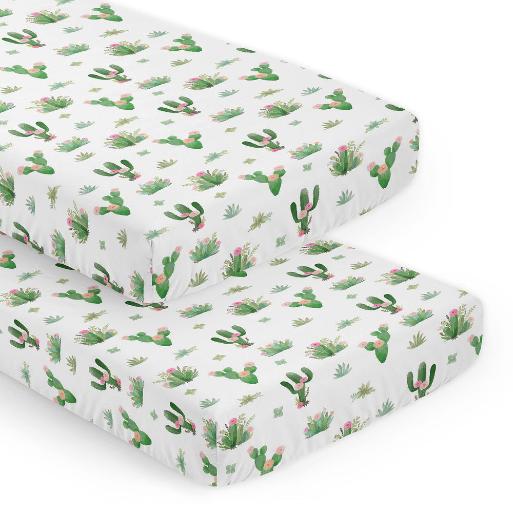 Sweet Jojo Designs pink green cactus floral crib sheet close-up reveals soft brushed microfiber comfort