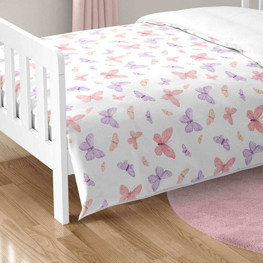 Sweet Jojo Designs butterfly bed set displayed on a toddler bed for reference.